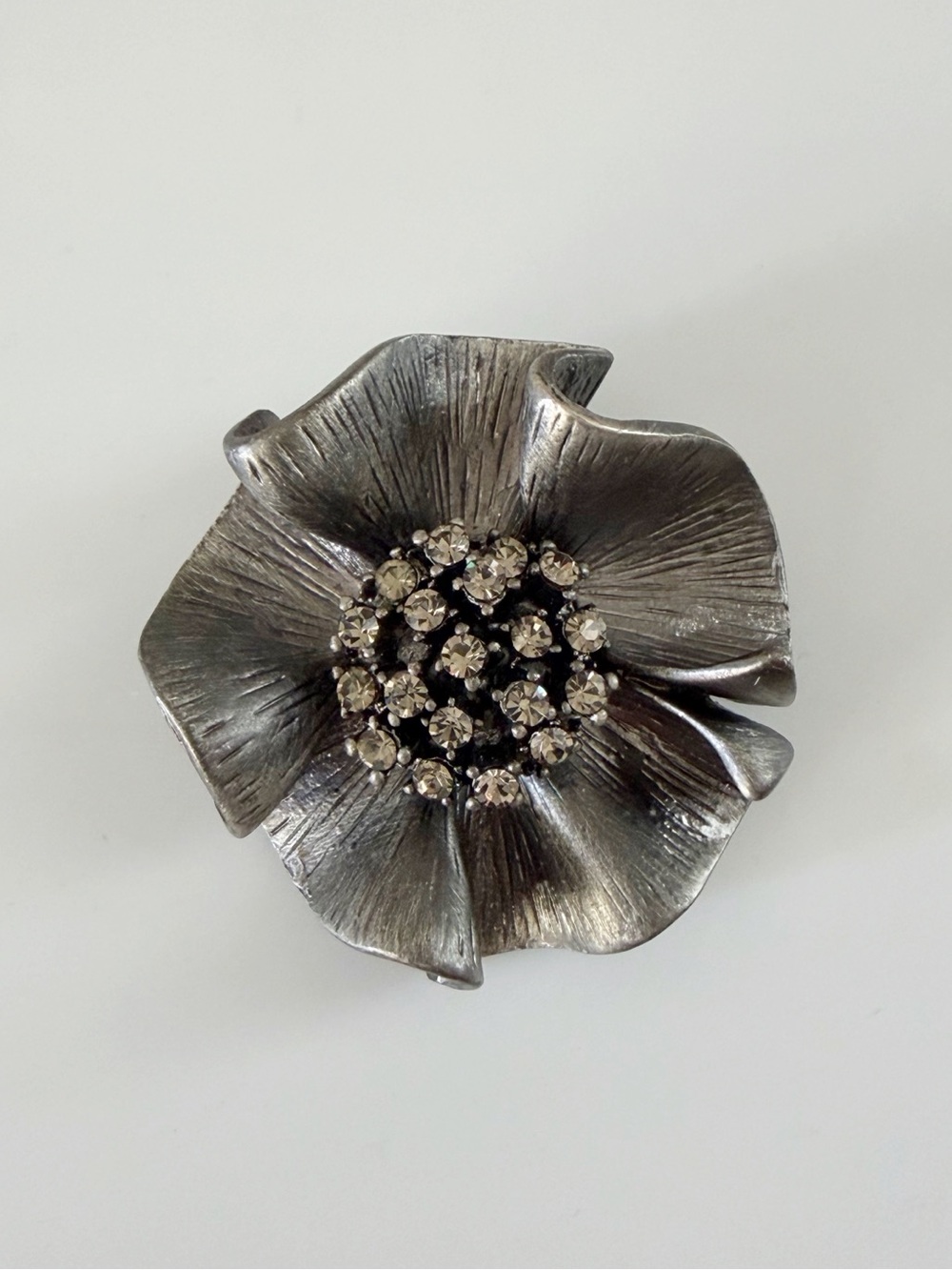 Vintage Dark Silver Tone Flower Rhinestone Pendant Brooch